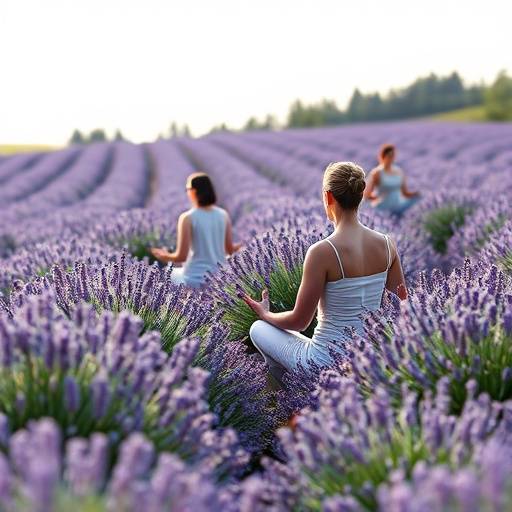 A group of people meditating in a peaceful garden setting at the Lavender Fields Wellness Center in Sequim, Washington.