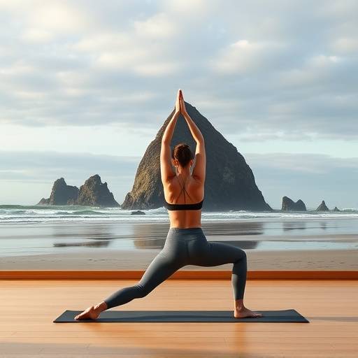 A serene beachside yoga studio on the coast of Cannon Beach, Oregon, with Haystack Rock in the background.